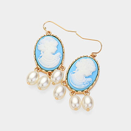 Triple Pearl Embellished Cameo Dangle Earrings