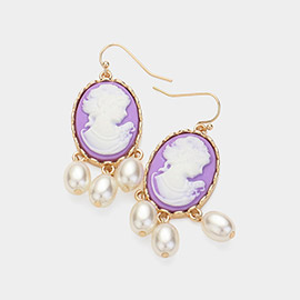 Triple Pearl Embellished Cameo Dangle Earrings