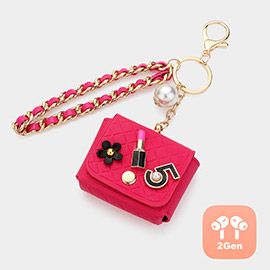 Pearl Pointed Number Five Lipstick Flower Charm Deco Faux Leather Mini Bag With Wristlet Airpod Pro Case / Keychain