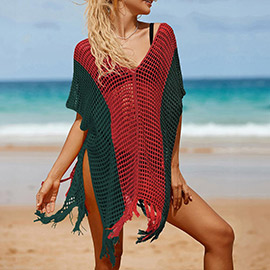 Multi Color Crochet Fringe Edge Kimono Poncho / Beachwear