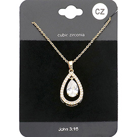 CZ Teardrop Stone Accented Pendant Necklace