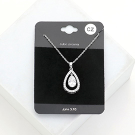 CZ Teardrop Stone Accented Pendant Necklace