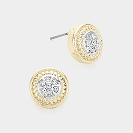 14K Gold Plated Stone Paved Round Stud Earrings