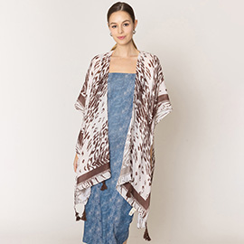 Animal Print Kimono Poncho With Tassel