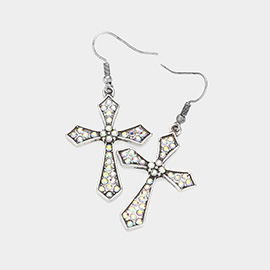 Stone Paved Cross Dangle Earrings