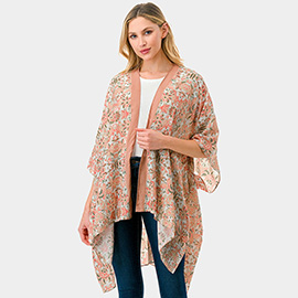 Floral Damask Print Kimono Poncho