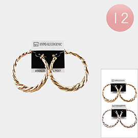 12PAIRS - Twisted Metal Pin Catch Hoop Earrings