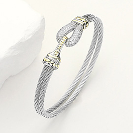 CZ Stone Paved Hook Pointed Layered Metal Rope Bangle Bracelet