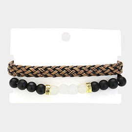 2PCS - Unisex Wax Rope Braided Adjustable Bracelet Stone Beaded Stretch Bracelet Set