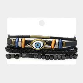 3PCS - Unisex Bohemian Evil Eye Pointed Wax Rope Genuine Leather Braided Adjustable Bracelet Wood Beaded Stretch Bracelet Set