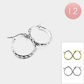 12PAIRS - Stainless Steel Textured Hoop Pin Catch Earrings