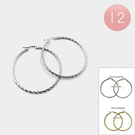 12PAIRS - Stainless Steel Textured Hoop Pin Catch Earrings