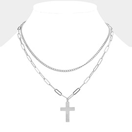 Metal Cross Pendant Double Layered Necklace