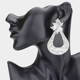 Flower Pointed Textured Open Teardrop Metal Dangle Earrings