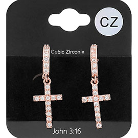 CZ Stone Paved Cross Dangle Huggie Earrings