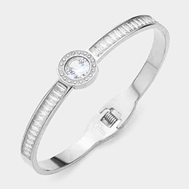 Stainless Steel Round Stone Accented Baguette Stone Embellished Hinged Evening Bracelet