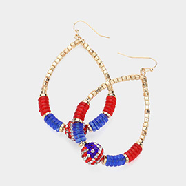 American USA Flag Shamballa Ball Pointed Beaded Open Teardrop Dangle Earrings