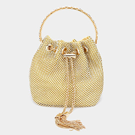 Bling Rhinestone Mesh Metal Draw String with Glass Stone Embellished Top Handle Bucket Bag / Crossbody Bag