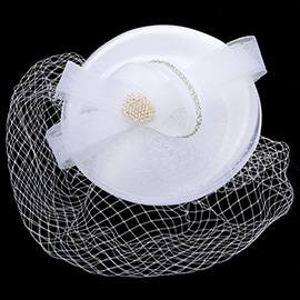 Pearl Brooch Pointed Mesh Bow Fascinator / Headband