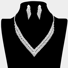 Rhinestone Paved V Shaped Necklace Clip on Earring Set