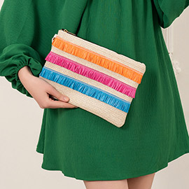 Raffia Fringe Accented Flap Clutch Bag