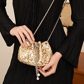 Pearl Tip Chain Mini Sequin Crossbody Bag