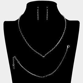 3PCS - Chevron Accented Rectangle Stone Necklace Jewelry Set