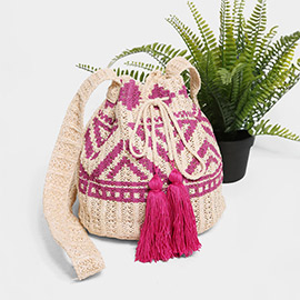 Tribal Pattern Straw Tassel Drawstring Crossbody Bucket Bag