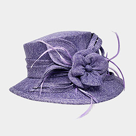 Flower Ribbon Feather Accented Sinamay Dressy Hat