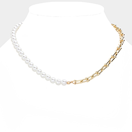 Pearl Beaded Pointed Metal Hardware Link Necklace