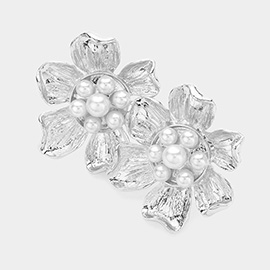 Pearl Pointed Textured Metal Flower Clip On Earrings