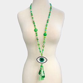 Celluloid Acetate Evil Eye Accented Tassel Beaded Long Necklace