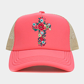 Floral Cross Embroidered Mesh Back Trucker Hat