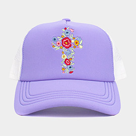 Floral Cross Embroidered Mesh Back Trucker Hat