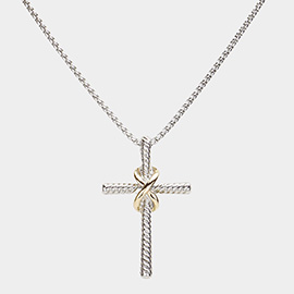 14K Gold Plated Two Tone Textured Cross Pendant Necklace