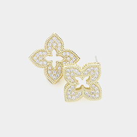 14K Gold Plated CZ Stone Paved Quatrefoil Stud Earrings