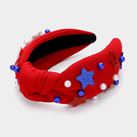 American USA Flag Color Themed Acrylic Star Ball Pointed Knot Headband