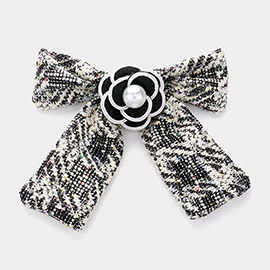 Pearl Pointed Flower Center Tweed Bow Barrette