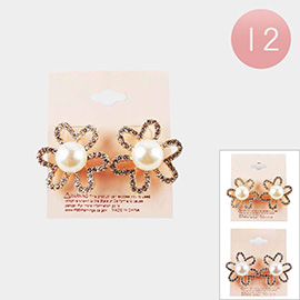 12Pairs - Pearl Pointed Stone Paved Flower Stud Earrings