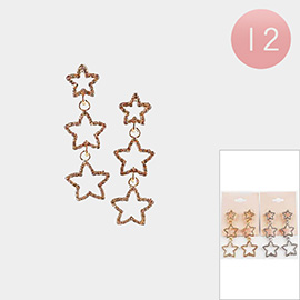 12Pairs - Stone Paved Triple Open Star Link Dropdown Earrings