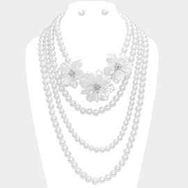 Triple Pearl Flower Accented Multi Layered Statement Necklace