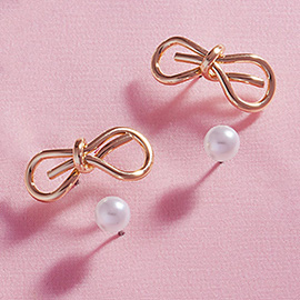 2Pairs - Metal Wire Bow Pearl Stud Earrings