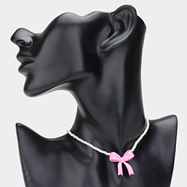 Metal Bow Pendant Pointed Pearl Choker Necklace