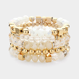 5PCS - Faceted Beads Metal Ball Beaded Multi Layered Stretch Bracelets