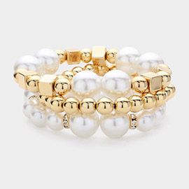 3PCS - Pearl Metal Ball Beaded Stretch Multi Layered Bracelets