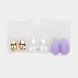 3Pairs - Metal Pearl Matte Teardrop Stud Earrings Set