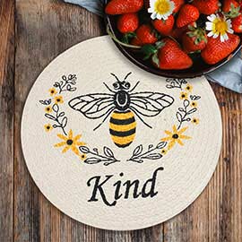 Kind Message Honey Bee Printed Nautical Braided Round Potholder Trivet Placemat