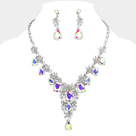 Pearl Rhinestone Paved Vine Teardrop Stone Cluster Link Evening Necklace