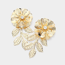 Stone Pointed Metal Flower Leaf Earrings