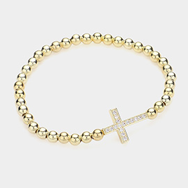 CZ Stone Paved Cross Pointed Metal Ball Stretch Bracelet